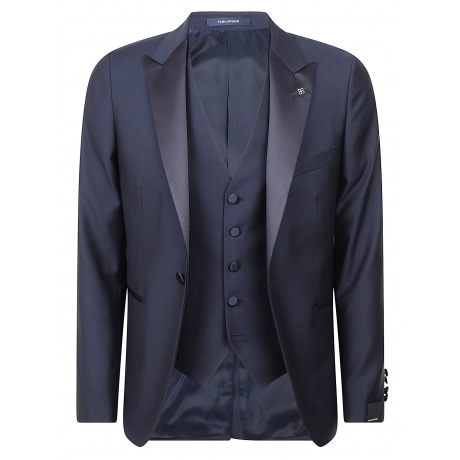 Tagliatore abito smoking con gilet uomo blu con rever a lancia
