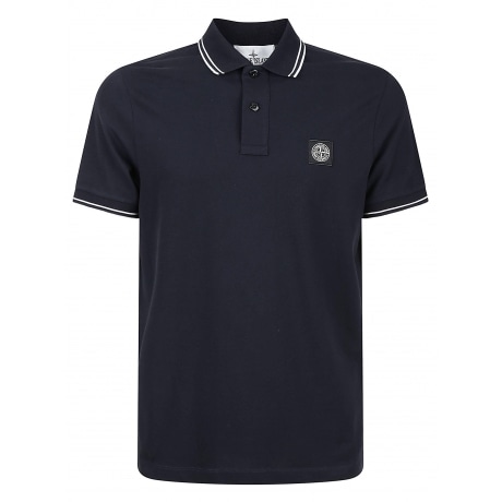 Stone Island Polo uomo blu in cotone piquè con perfilo