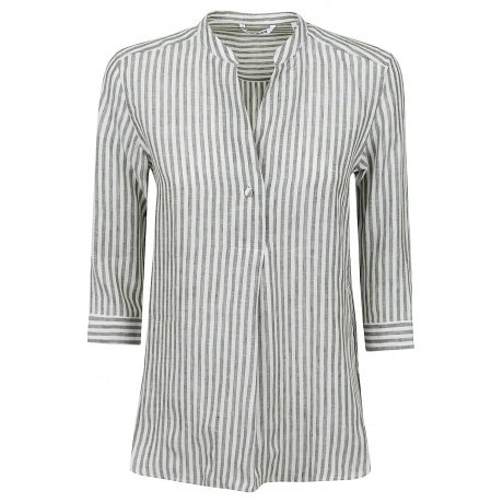 Camicia donna in lino a righe bianche e verde
