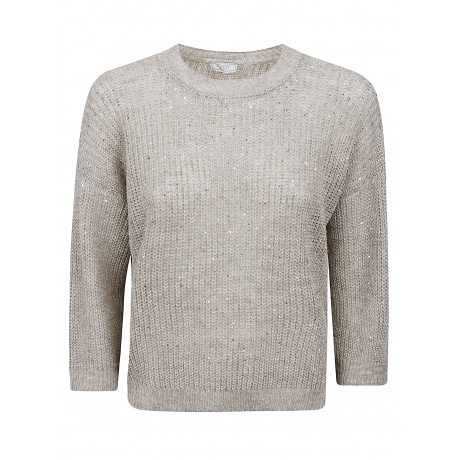 Peserico Maglia donna girocollo in tricot in filato di lino con paillettes cappuccino