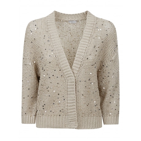 Peserico Cardigan donna in tricot fettuccia di cotone con maxi paillettes bicolor beige