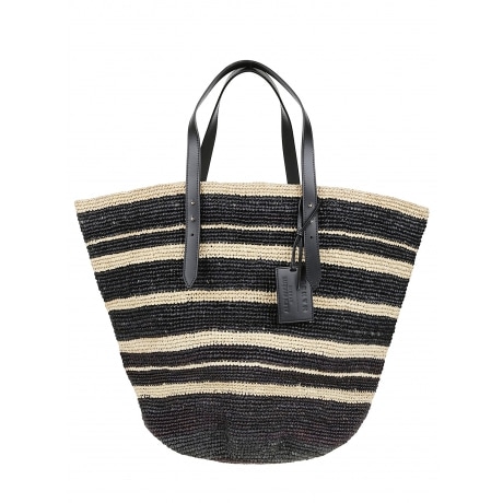 Manebi' Borsa in rafia a righe naturale e nero con manici in pelle