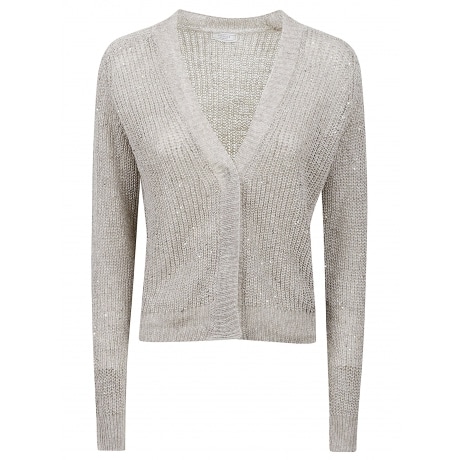 Peserico cardigan donna in tricot in lino con paillettes cappuccio