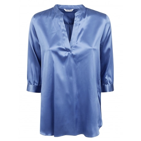 Caliban camicia donna scollo a v e manica tre quarti in seta azzurro