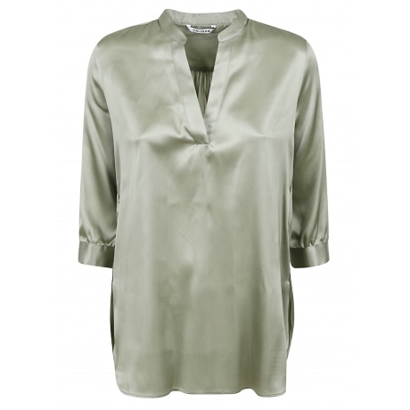 Caliban Camicia donna scollo a v e manica tre quarti in seta verde