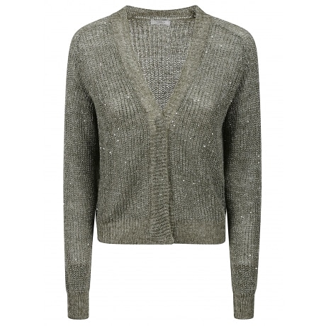 Peserico Cardigan donna in tricot in lino con pailletes eucalipto