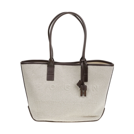 Hogan borsa donna shopping piccola in tela avorio e manici in pelle marrone