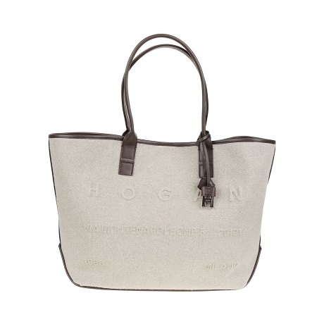 Hogan borsa donna shopping media in tela avorio e manici in pelle marrone