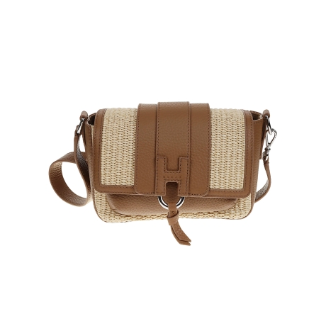 Hogan borsa donna flap in rafia e pelle  cuoio